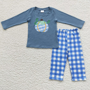 Pumpkin Blue Plaid Boys Long Sleeve+Trousers Sets