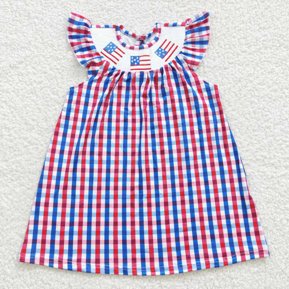 Flag Embroidery Smocked Plaid Girls 4th of July Dress