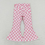 Pink White Plaid Flared Girls Jeans Pants