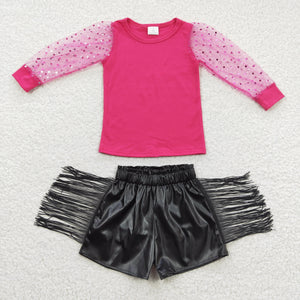 Sequins Gauze Hot Pink Black Leather Girls Shorts Sets