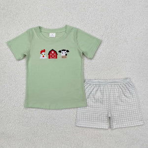 Chicken House Cow Plaid Green Boys Shorts Sets