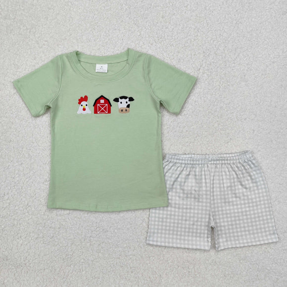 Chicken House Cow Plaid Green Boys Shorts Sets