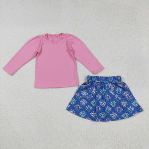 Solid Pink Ruffles Floral Blue Girls Skirts Sets