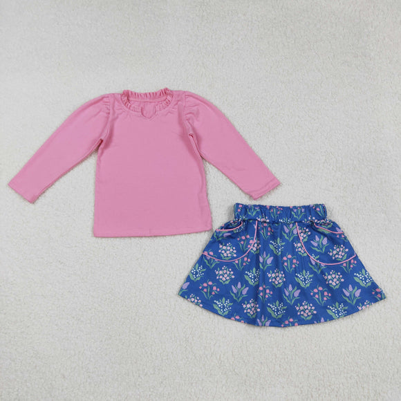 Solid Pink Ruffles Floral Blue Girls Skirts Sets