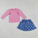 Solid Pink Ruffles Floral Blue Girls Skirts Sets