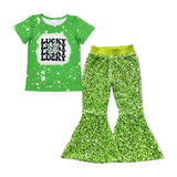 Lucky Clover Fluorescent Green Sequins Girls St. Patrick's Day Outfits