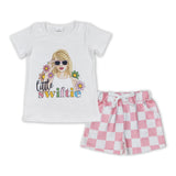 Little Swiftie Pink White Plaid Girls Shorts Sets