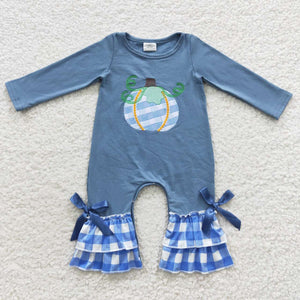 Pumpkin Blue Plaid Girls Fall Romper