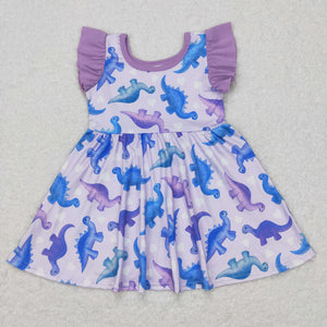 Dinosaur Purple Ruffles Girls Flutter Sleeve Dress