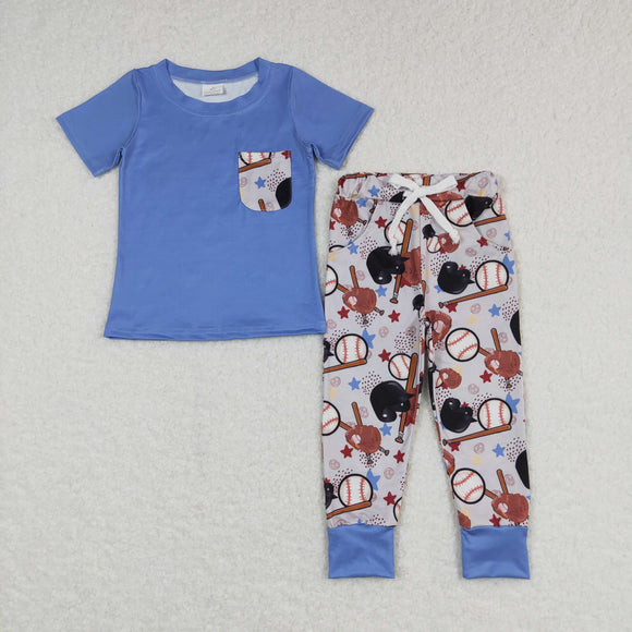 Baseball Blue Purple Boys Short Sleeve+Trousers Sets