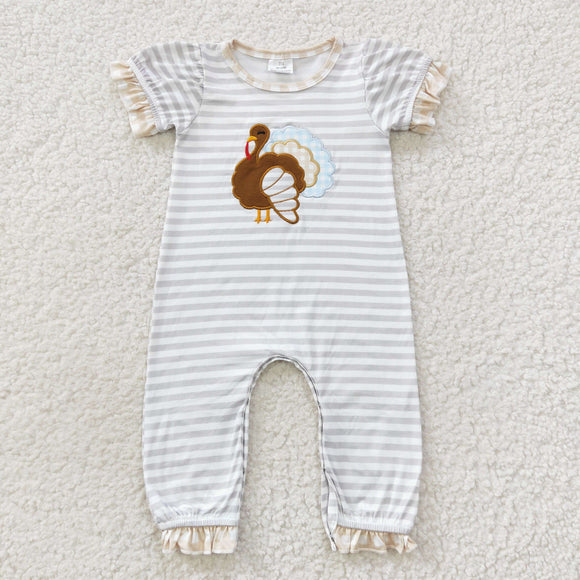 Turkey Gray Stripe Girls Thanksgiving Romper