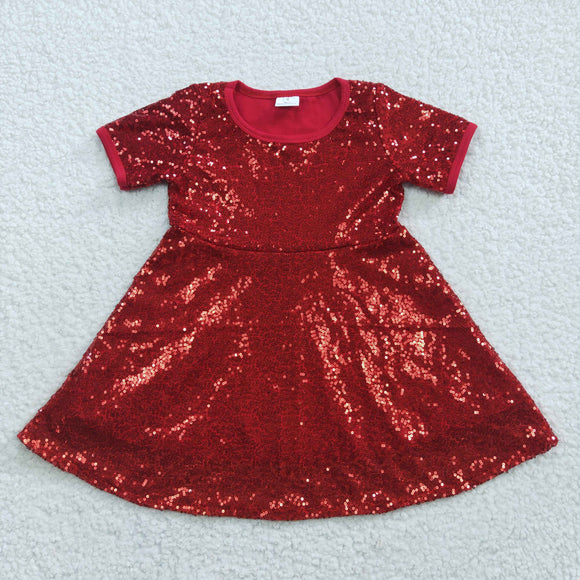 Sequins Solid Red Girls Christmas Dress