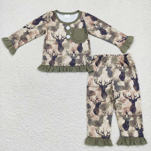 Camo Elk Deer Green Jungle Hunting Girls Long Sleeve Pajamas