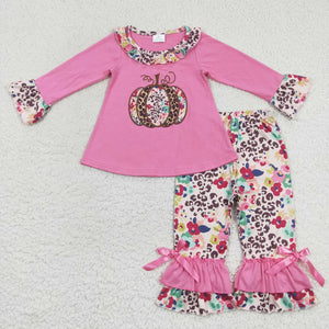 Leopard Print Floral Pumpkin Hot Pink Girls Long Sleeve+Trousers Sets