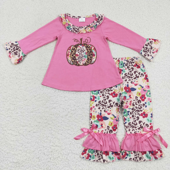 Leopard Print Floral Pumpkin Hot Pink Girls Long Sleeve+Trousers Sets