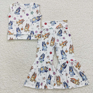 Cartoon Dogs White Girls Short Sleeve+Trousers Sets