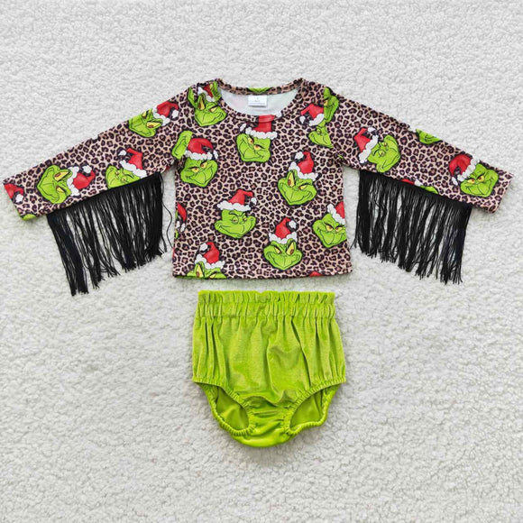 Cartoon Leopard Print Tassels Velvet Green Girls Christmas Bummies Sets