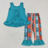 Solid Ruffles Gem Stripe Blue Girls Short Sleeve+Trousers Sets