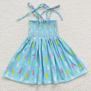 Pinapple Blue Smocked Girls Sleeveless Dress