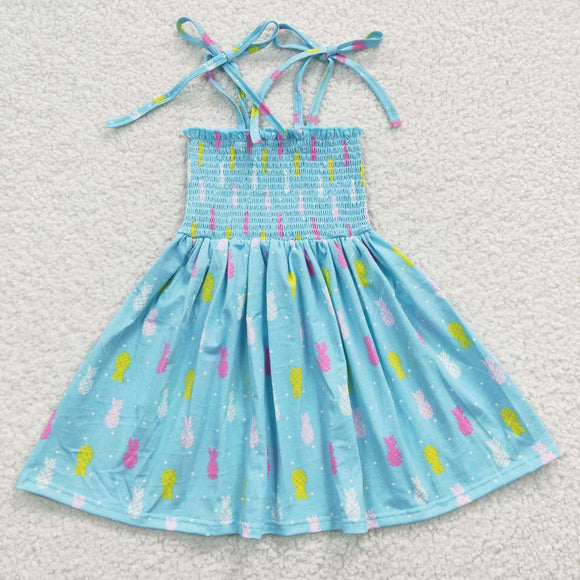 Pinapple Blue Smocked Girls Sleeveless Dress