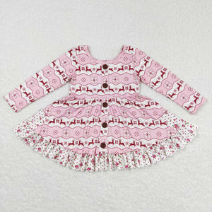 Snow Reindeer Pink Girls Christmas Dress