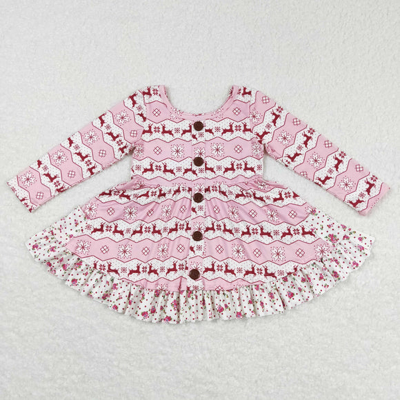 Snow Reindeer Pink Girls Christmas Dress