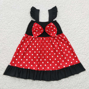 Cartoon Princess Bow Black Red Girls Flutter Sleeve Dress