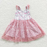 Cartoon Cat Pink Gauze Tulle Sequins Girls Flutter Sleeve Dress