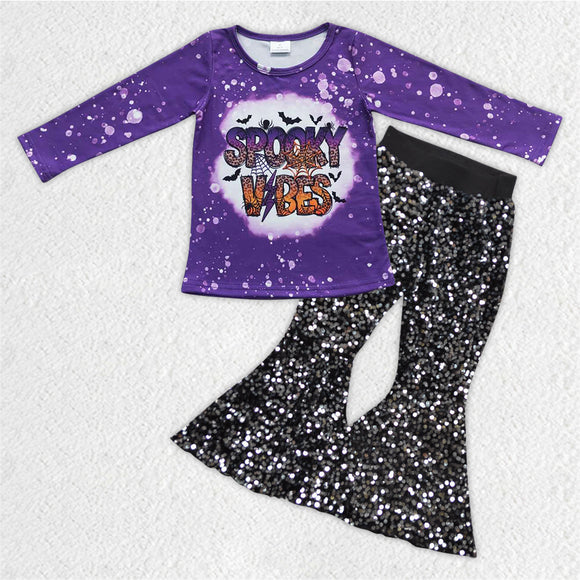 Spooky Vibes Black Sequins Girls Halloween Outfits