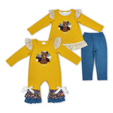 Floral Turkey Lace Ruffles Yellow Girls Thanksgiving Outfits