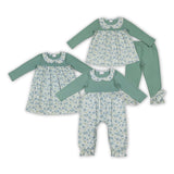 Floral Doll Collar Green Girls Long Sleeve+Trousers Sets