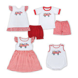 Flag Firework Trolley Red Plaid White Boys 4th of July Romper