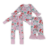 Bow Pattern Pink Ruffles Girls Christmas Pajamas