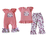 Bow Floral Pumpkin Pink White Girls Short Sleeve+Trousers Sets