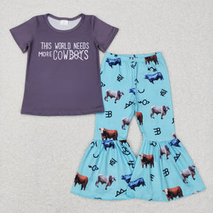 This World Needs More Cowboys Gray Girls Short Sleeve+Trousers Sets