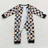 Cartoon Dogs Black Orange Plaid Boys Fall Romper