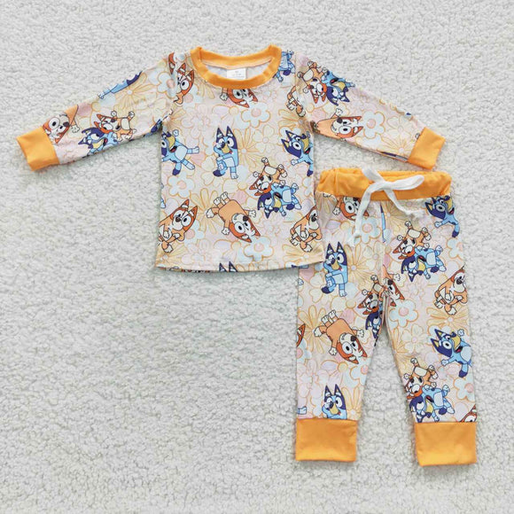 Cartoon Dogs Floral Orange Girls Long Sleeve Pajamas