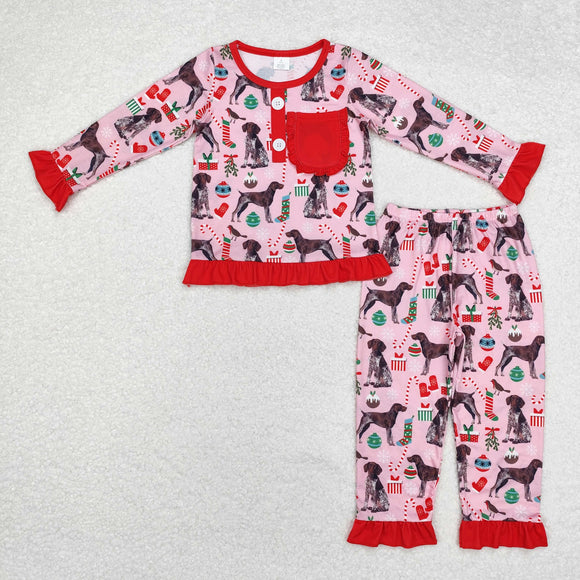 Bamboo Dogs Red Ruffles Pocket Pink Girls Christmas Pajamas