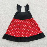 Cartoon Princess Bow Black Red Girls Flutter Sleeve Dress