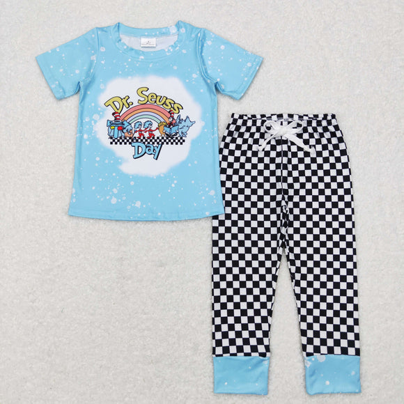 Cartoon Cats Plaid Sky Blue Boys Short Sleeve+Trousers Sets