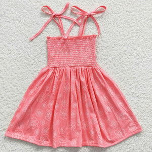 Floral Red Smocked Girls Sleeveless Dress