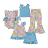 Solid Floral Colorful Plaid Girls Short Sleeve+Trousers Sets