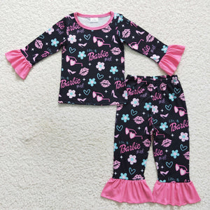 Cartoon Dolls Pink Ruffles Black Girls Long Sleeve Pajamas