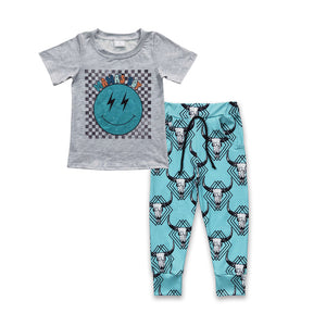 Mama's boy Smile Highland Cow Blue Boys Short Sleeve+Trousers Sets