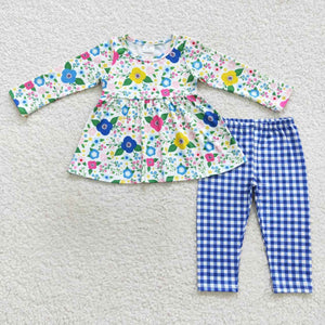 Floral Blue Plaid Girls Long Sleeve+Trousers Sets