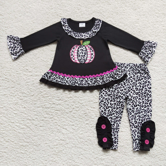 Leopard Print Pumpkin Black Girls Long Sleeve+Trousers Sets