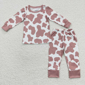 Pink Cow Print White Girls Long Sleeve Pajamas