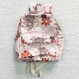 Highland Cow Floral Print Pink Plaid Backpack