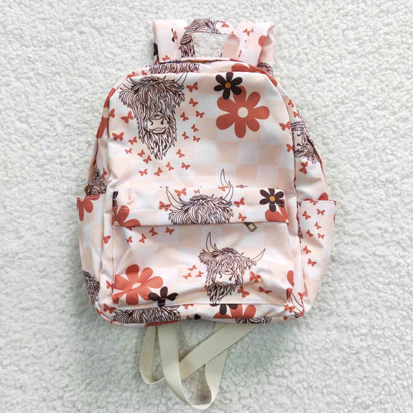 Highland Cow Floral Print Pink Plaid Backpack