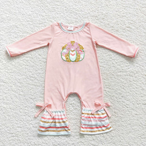 Gold Bow Pumpkin Stripe Pink Girls Fall Romper